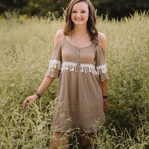 Boho brown and white off the shoulder dress!